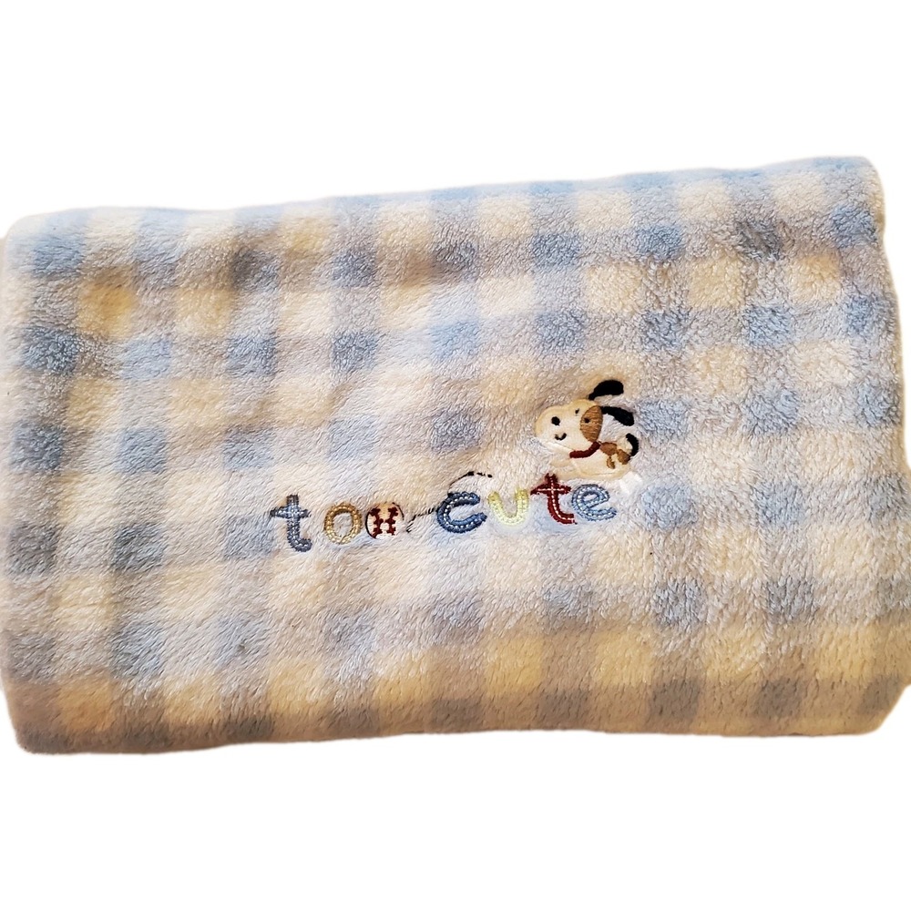 Just One Year Carters Too Cute Dog Blue White Check Plaid Gingham Baby Blanket